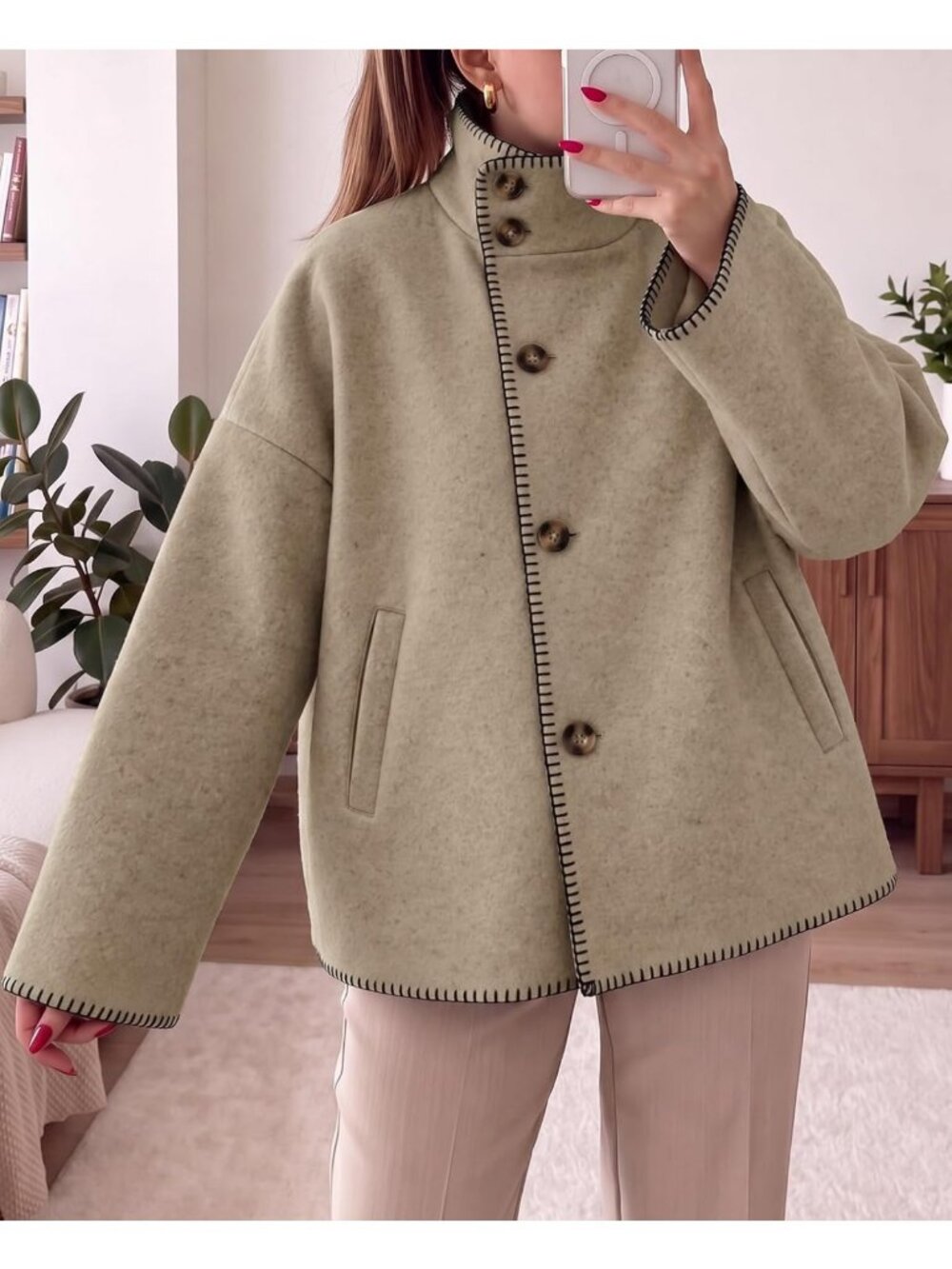 Cropped Oversized Wool Peacoat with Stand Collar for Women - Winter Fashion - Picture 4 of 6